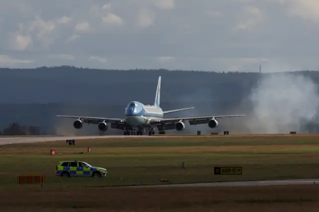 Air Force One with U.S. President Donald Trump and British Prime Minister Keir Starmer on board lands at Lossiemouth, Scotland, Britain, July 28, 2025.
