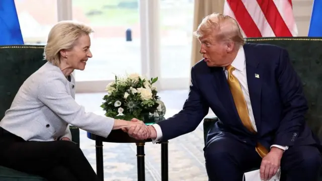 President Donald Trump shaking hands with EU Commission President Ursula von der Leyen in Scotland