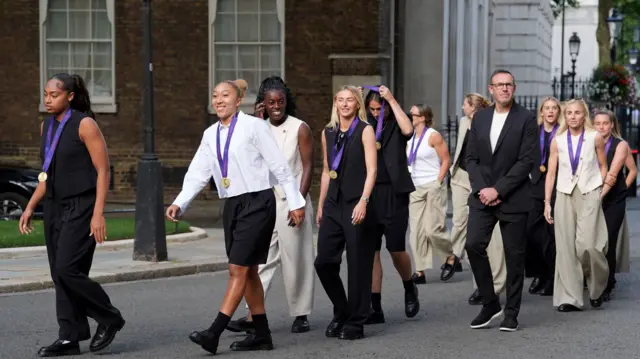 members of the England women's football team, arrive in Downing Street, London,