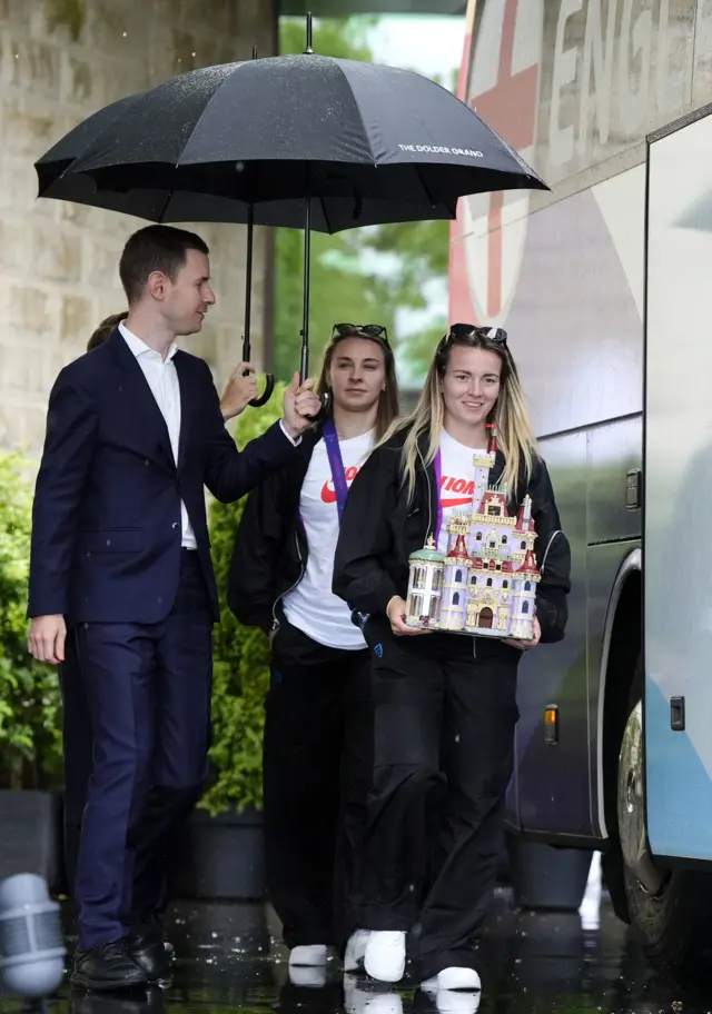 England's Lauren Hemp holding a Lego set based on the Disney movie 'Beauty and the Beast'