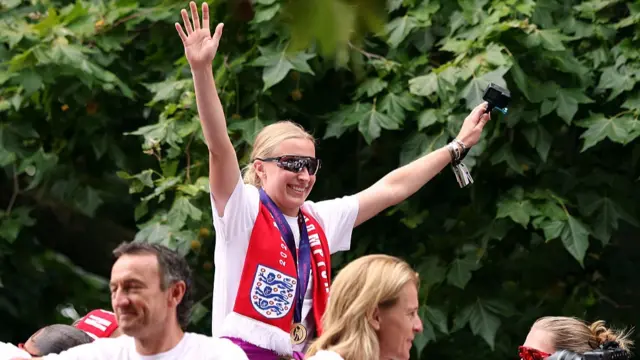 Aggie Beever-Jones of England reacts during the England Women's team victory parade and celebration