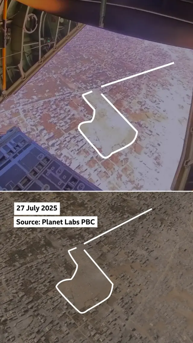 A comparison photo shows the view outside a plane that was dropping aid into Gaza, and the below image highlights that it is an area that the Israeli military had not declared a pause in fighting.