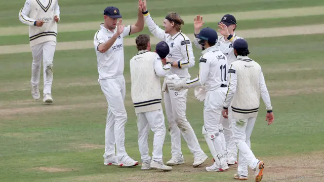 Warwickshire celebrate a wicket