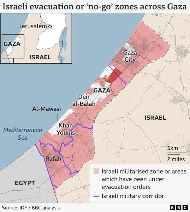 A map of Gaza. It shows the Israeli evacuation or 'no-go' zones across Gaza. Areas in red - which cover the majority of Gaza - are designated Israeli militarised zone or areas which have been under evacuation orders