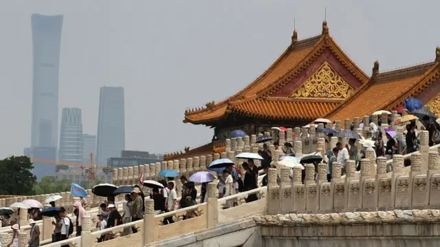 tourists with umbrellas at the Summer Palace
