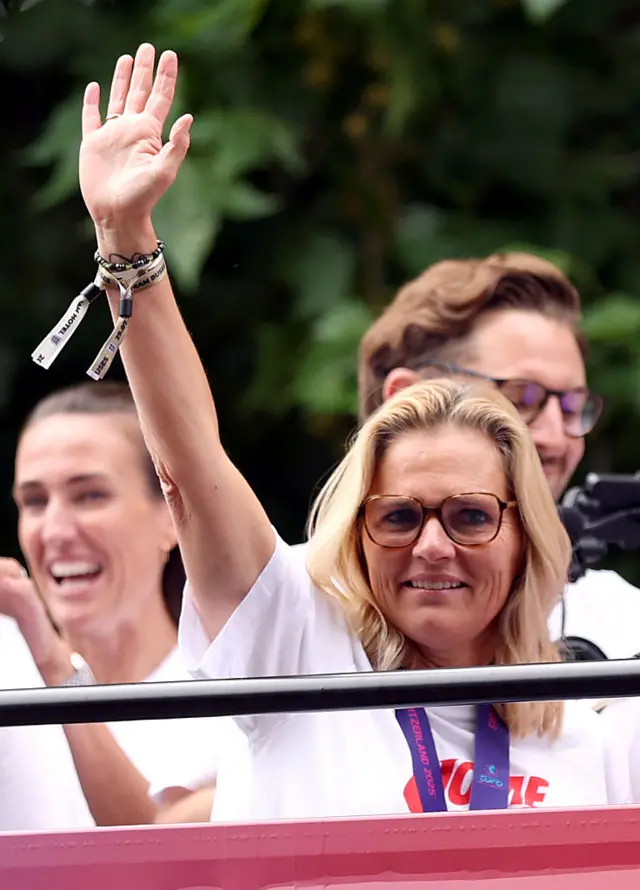 Sarina Wiegman, Head Coach of England, acknowledges the fans