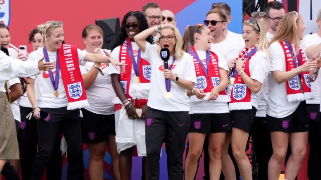 England manager Sarina Wiegman speaks to the crowd during a Homecoming Victory Parade