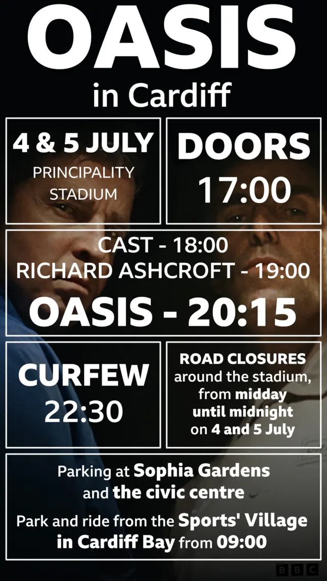 A graphic with details about the Oasis concert, listing dates, timings, road closures and parking information
