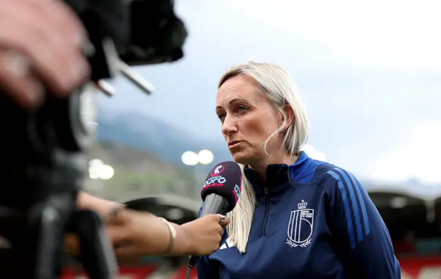 Elisabet Gunnarsdottir, Head Coach of Belgium, speaks to the media