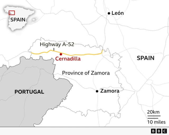 A map showing the location of Highway A-52, on the border of Portugal, near the Spanish city of Zamora.