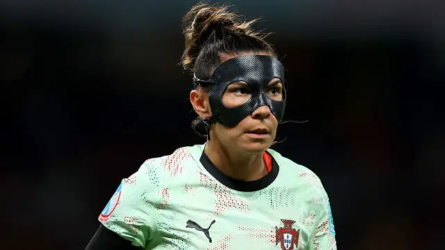Ana Borges of Portugal looks on whilst wearing a protective face covering during the UEFA Women's EURO 2025 Group B match between Spain and Portugal