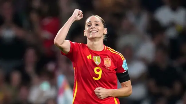 Esther Gonzalez of Spain celebrates scoring her team's fourth goal during the UEFA Women's EURO 2025 Group B match between Spain and Portugal at Stadion Wankdorf on July 03, 2025 in Bern, Switzerland.