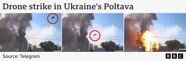 Three still images showing a drone attack and resulting explosion in Poltava, Ukraine