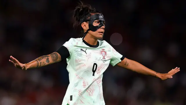 Ana Borges of Portugal looks on, while wearing a protective face mark during the UEFA Women's EURO 2025 Group B match between Spain and Portugal at Stadion Wankdorf on July 03, 2025 in Bern, Switzerland.
