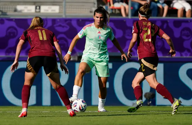 Sofia Cantore controls the ball under pressure from Janice Cayman and Laura Deloose