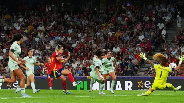 Alexia Putellas of Spain scores her team's third goal past Ines Pereira of Portugal during the UEFA Women's EURO 2025 Group B match between Spain and Portugal at Stadion Wankdorf on July 03, 2025 in Bern, Switzerland.