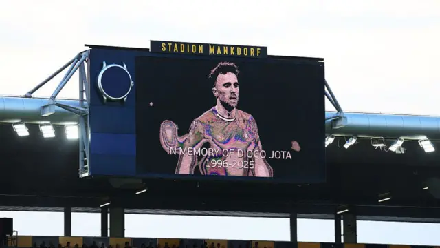 The LED screen displays a image of Diogo Jota, as players of Spain and Portugal pause for a moments silence in memory of former football player Diogo Jota and his brother Andre Silva, who passed away on the 3rd of July 2025, prior to the UEFA Women's EURO 2025 Group B match between Spain and Portugal at Stadion Wankdorf on July 03, 2025 in Bern, Switzerland.