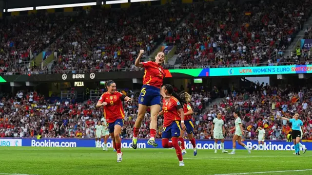 Esther Gonzalez of Spain celebrates scoring her team's first goal during the UEFA Women's EURO 2025 Group B match between Spain and Portugal at Stadion Wankdorf on July 03, 2025 in Bern, Switzerland.