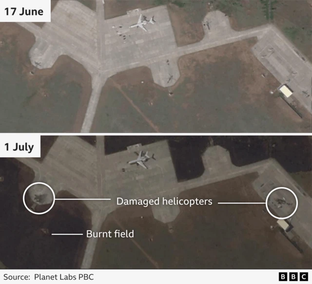 Graphic showing (top) the airfield on 17 June and (bottom) on 1 July showing damaged helicopters and burnt field