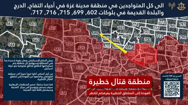 Map from the IDF showing numbered zones, some of them coloured red