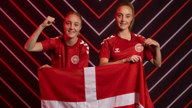 Sara Holmgaard and Karen Holmgaard of Denmark pose for a portrait during the official UEFA Women's EURO 2022 portrait session on June 21, 2022 in Helsingor, Denmark.
