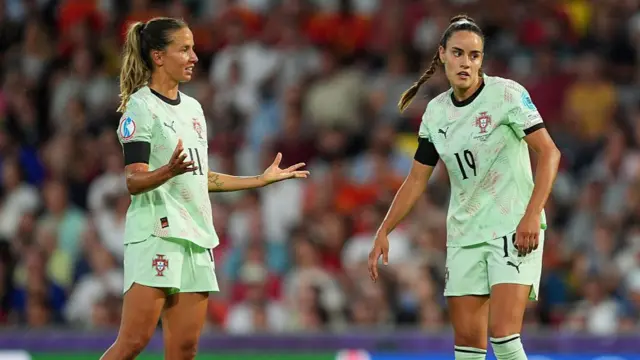 Tatiana Pinto and Diana Gomes of Portugal react during the UEFA Women's EURO 2025 Group B match between Spain and Portugal at Stadion Wankdorf on July 03, 2025 in Bern, Switzerland.