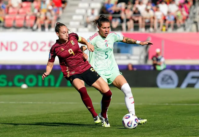 Tessa Wullaert of Belgium battles for possession with Elena Linari