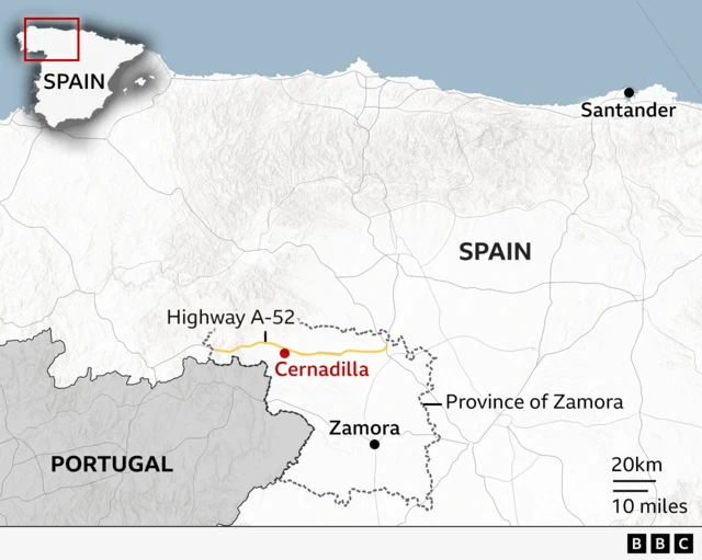 Map showing the province of Zamora, highway A-52 and Cernadilla
