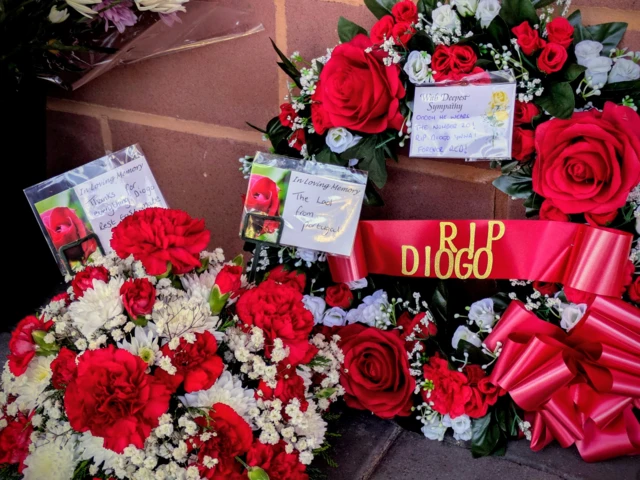 Flowers and tibutes pour in for Diogo Jota in Anfield.