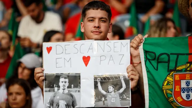 Portuguese supporters pay tribute to the late portuguese soccer players Diogo Jota his brother Andre Silva who as died on 03 July in a car accident in Spain