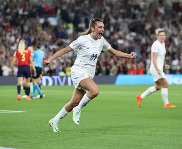 Ella Toone celebrates equalising for England against Spain at Euro 2021