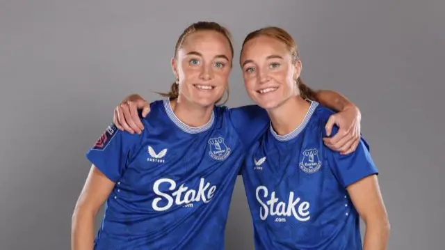 Karen Holmgaard and Sara Holmgaard of Everton poses during the Women's Super League Headshots 24/25 portrait session on August 22, 2024 in Liverpool, England.