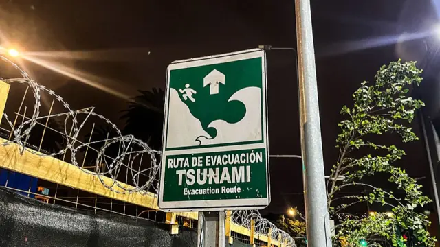 A green street sign points straight ahead, labelled "evacuation route" with an image of a figure moving upwards from a wave