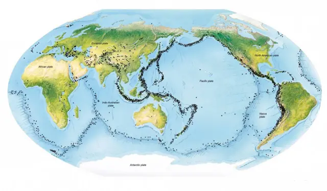 Map of the world with black dots that mark where earthquakes have occurred. A concentration can be seen around the Pacific ocean