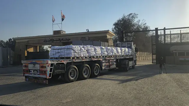 An aid truck waiting at the Rafah border crossing into the Gaza Strip