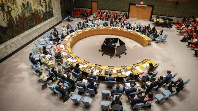 Britain's Permanent Representative to the UN Barbara Woodward speaks to delegates about the situation in Gaza during a United Nations Security Council meeting at U.N. headquarters, in New York City