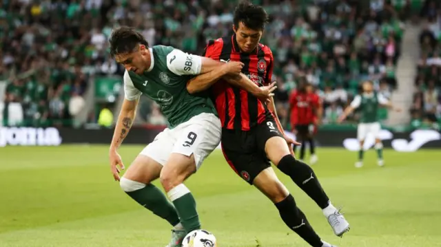 Midtjylland's Lee Han-beom and Hibernian's Kieron Bowie and