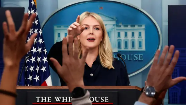 Leavitt stands behind a podium as she takes questions at the White House press briefing room. The raised hands of reporters are blurred in the foreground.