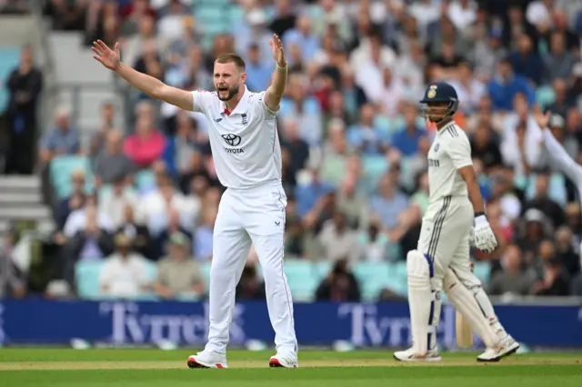 Gus Atkinson appeals for a wicket