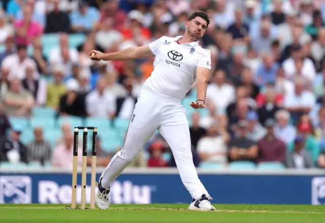 England's Josh Tongue bowling on day one of the Fifth Rothesay Men's Test at the Kia Oval, London.
