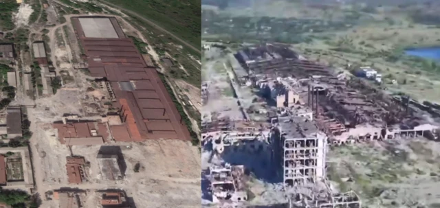 Two side-by-side satellite images. The one on the left is from Google taken in May 2022, with footage of the same location in the defence ministryÃ¢Â€Â™s clip from today. The image on the right shows heavily damaged buildings