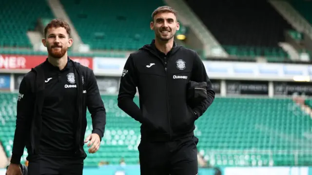 Hibernian players Jack Iredale and Warren O'Hora