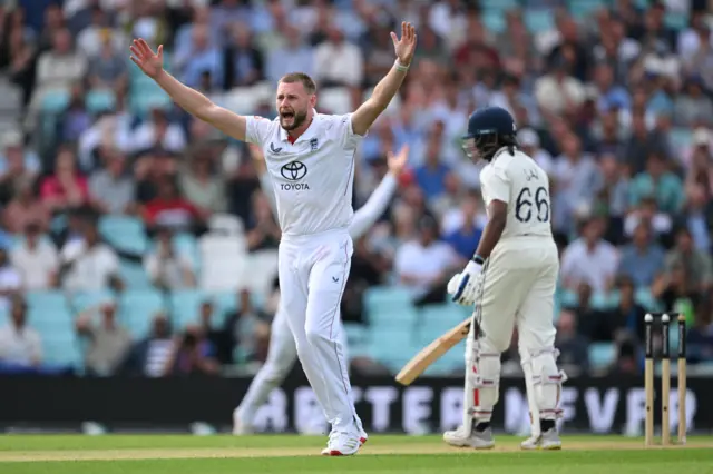 Gus Atkinson appeals for a wicket