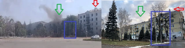 A still image of  Palace of Culture and Technology. Arrows and squares are used to mark key features of the building to show how we were able to geolocate it.