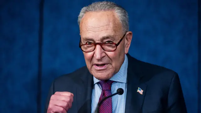 Chuck Schumer wears a dark suit and stands at a podium. The background behind him is blue.
