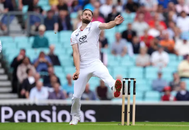 England's Chris Woakes bowling on day one of the Fifth Rothesay Men's Test at the Kia Oval, London