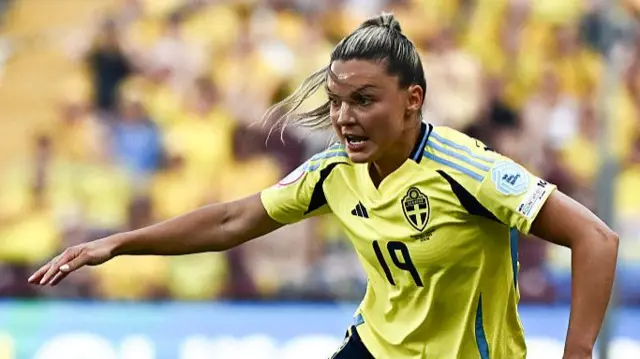 Johanna Rytting Kaneryd controls the ball during the UEFA Women's Euro 2025 Group C football match between Denmark and Sweden at the Stade de Geneve in Geneva,