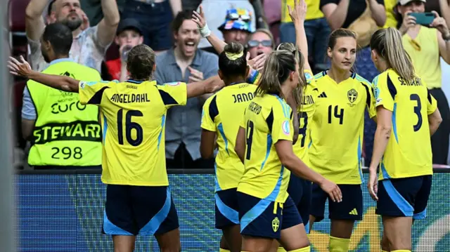 Sweden's midfielder #16 Filippa Angeldahl (L) celebrates with teammates after she scored her team's first goal during the UEFA Women's Euro 2025 Group C football match between Denmark and Sweden at the Stade de Geneve in Geneva