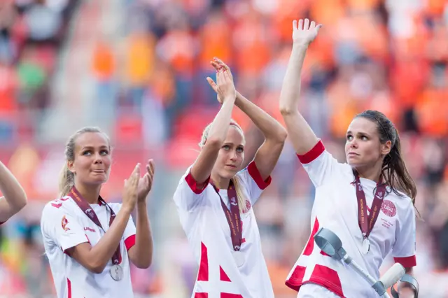 Line Roddik of Denmark , Frederikke Thogersen of Denmark and Simone Boye Sorensen of Denmark looks on