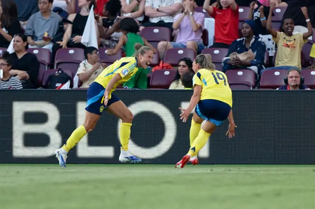 Filippa Angeldahl celebrating scoring for Sweden against Denmark